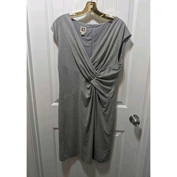 Anne Klein Shimmering Metallic Gray Twist Front Sheath Dress Spring Summer Sz. 8 - Picture 1 of 7